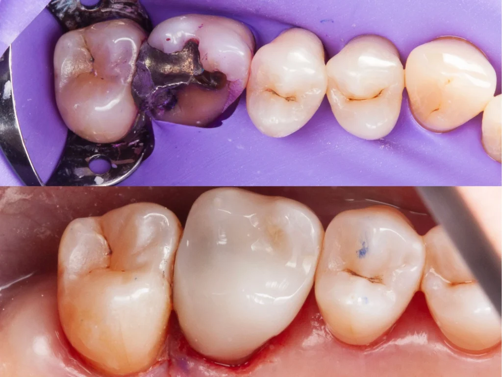 Before and after: dark amalgam filling replaced with tooth-colored restoration