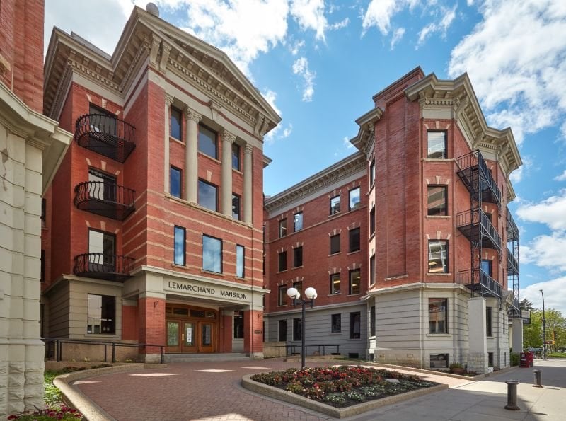 Historic red-brick LeMarchand Mansion exterior in Edmonton
